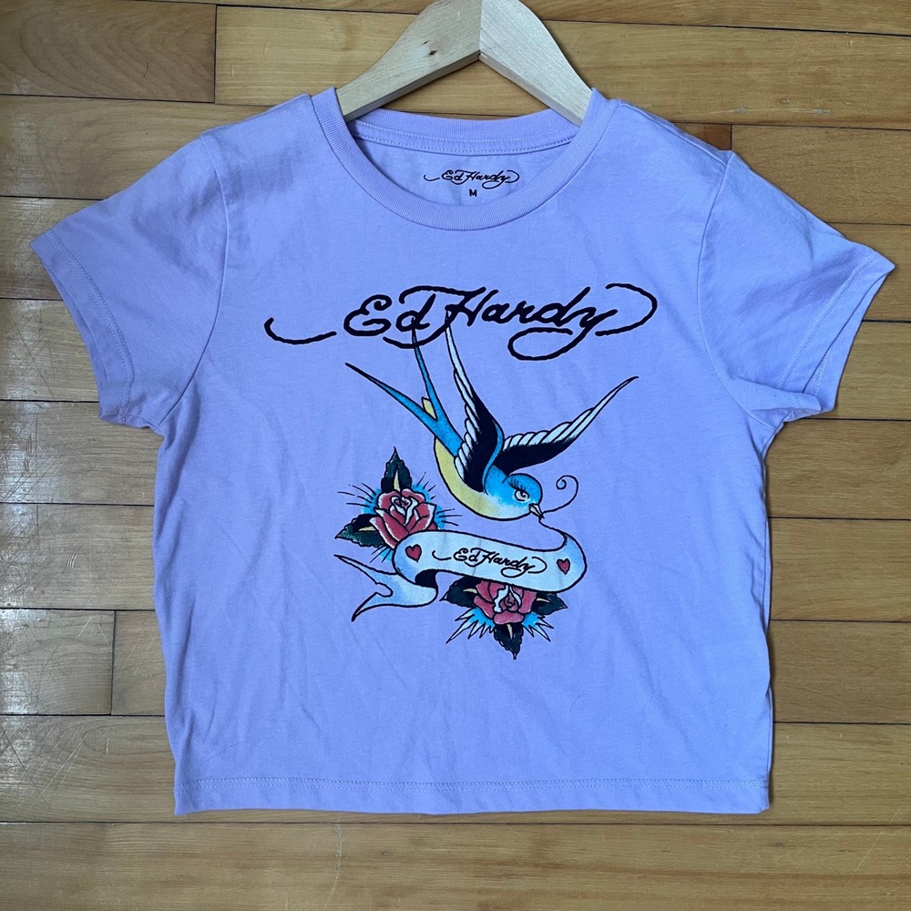 Ed Hardy Womens Lavender Purple Swallow Rose Tattoo Graphic Tee Shirt Size M